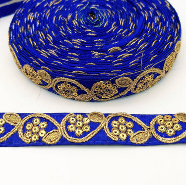 Royal Blue Art Silk Trim with Gold Floral Embroidery and Gold Sequins Indian Sari Border Trim By 3 Yards Decorative Trim Craft Lace